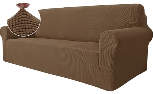 Ystyle Stretch Sofa Überzug 3 Sitzer, Braun | Elastisch Sofabezug mit Armlehnen, Jacquard Couch Überzug Rutschfest, Waschbar Sofa Cover Protector für Hunde Haustiere