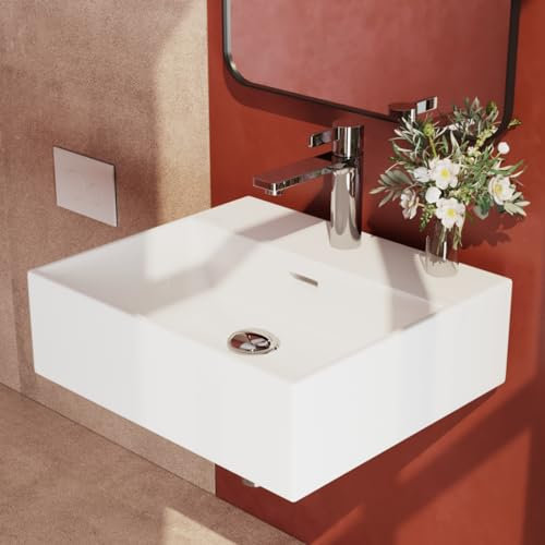 EMKE Waschbecken Eckiges Design Handwaschbecken, Hochwertige Keramik Hängewaschbecken mit dünnem Rand, Waschtisch Für Badezimmer Gäste-WC (415x360x130mm, Weiß)