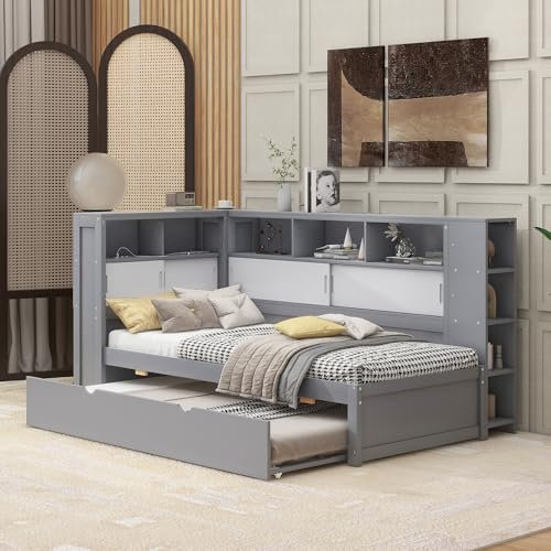 FEZTOY Funktionsbett 90x200cm(90x190cm) - Plattformbett mit Mehrfach Lagerregal, Kinderbett Ausziehbett inkl. Lattenrost, Regalbett Stauraumbett,Grau