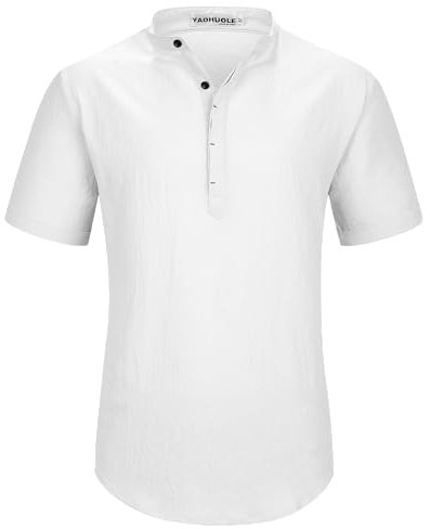 YAOHUOLE Mens Henley Shirt Short Sleeve Casual Linen Shirt Hippie Beach Tops Summer Shirt Grandad Collar White L