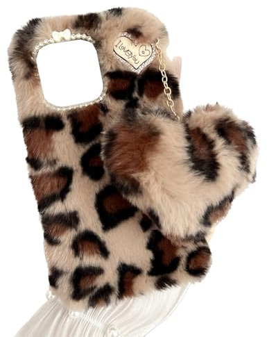 SEHEYA Plüsch Hülle für iPhone 6 / iPhone 6S Flaumig Liebe Herz Handyhülle Kunstfell Bommel Flauschige Schutzhülle Weich TPU Silikon Case Frauen Mädchen - Leoparden Beige