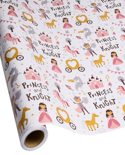 RayofSun Geschenkpapier für Mädchen und Frauen, Prinzessinnenschloss und Ritter, Happy Birthday, geeignet für Geburtstage, Partys, Babypartys, 43,2 cm x 18,3 m pro Rolle, Rosa