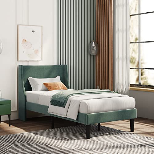Merax 3FT Single Bed, Upholstered Bed Frame with Broad and Thick Winged Headboard, Sturdy Wood Slat Support, Velvet Dark Green, 90x190cm