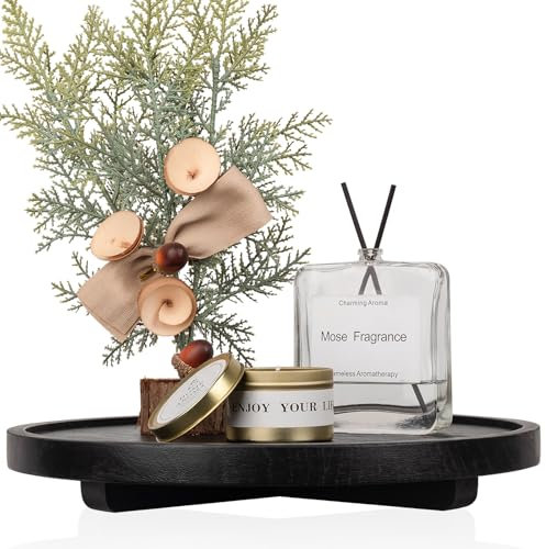 Plateau décoratif rond en bois pour salle de bain, comptoir de salle de bain, cuisine de ferme, rehausseur en bois pour porte-savon, parfum, bougie, éponge, 30,5 cm, noir