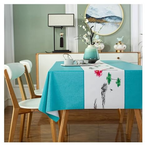 Mantel de PVC para mesa de comedor, mantel de pintura de flores de tinta azul y verde, 140 x 240 cm