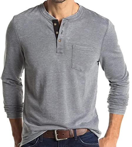 Mens Polo Shirts Henley T Shirts Collarless Grandad T Shirt Golf Shirts Long Sleeve Tops Light Grey T Shirt Men M
