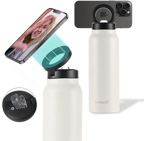 Isolierte Wasserflasche mit magnetischer Handyhalterung, kompatibel mit MagSafe und iPhone, Edelstahl-Wasserflasche, Handyhalterung für Sport, Reisen, Schule, heiß 12 Stunden kalt, 24 Stunden (Weiß