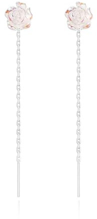 925 Sterling Silver Chain Earrings for Women,18K gold plated Threader Earrings for Women,Long Dangle Drop Earrings for Women Teen Girls (white rose)
