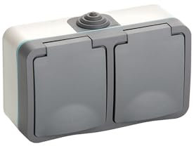 Doble enchufe IP54 de superficie, resistente al agua y polvo, ideal para exteriores y áreas húmedas.