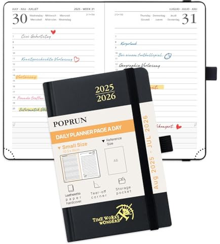 POPRUN Tagesplaner 2025 2026 Hardcover 16 x 10,5 cm, Tageskalender A6 1 Tag 1 Seite (Montag - Sonntag), Terminplaner (Aug.2025-Jul.2026) mit Stiftschlaufe - Schwarz