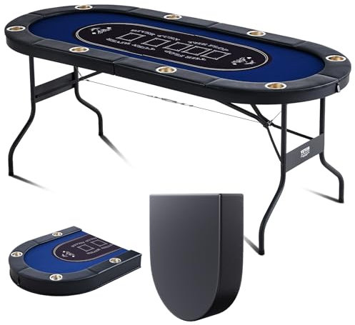 VEVOR 8 Player Foldable Poker Table, Blackjack Texas Holdem Poker Table with Padded Rails and Stainless Steel Cup Holders, Portable Folding Card Board Game Table, 72 Oval Casino Leisure Table