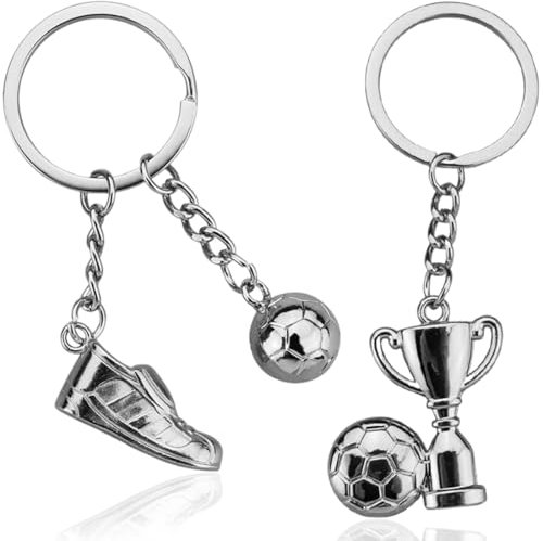 KOQAIIZ 2 Pièces Argenté Porte Clé Ballon de Foot Mini Porte Clef Football Métal Porte-Clés de Football Personnalisé pour Supporters, Sportifs, Joueurs, Les Amateurs de Football