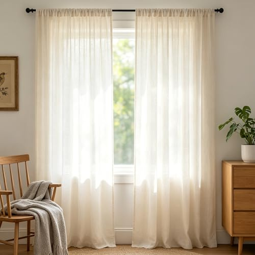 wiipara Leinenvorhang 2er Set, Vorhang Leinenoptik Halbtransparent Gardinen, Voile Durchsichtig Dekoschal Vorhänge für Schlafzimmer Wohnzimmer, Luftige Gardinenschals Curtains, Rod Pocket