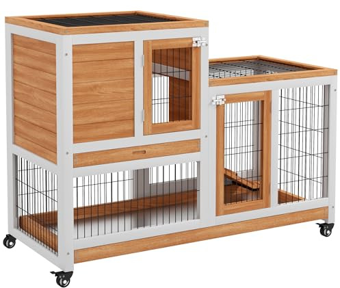 PawHut Conejera de Madera 2 Niveles con Ruedas 110x50x88cm Natural y Blanco