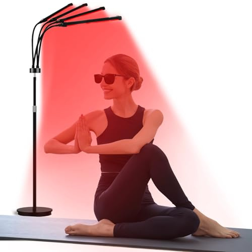 Relhafethy Red Light Floor Lamp, 660nm 850nm 940nm Near Infrared Light, Infrared Lamp with 4 Adjustable Heads, 180 LEDs 32W Red Light Lamp, 3 Modes, 5 Brightness Levels & Timer
