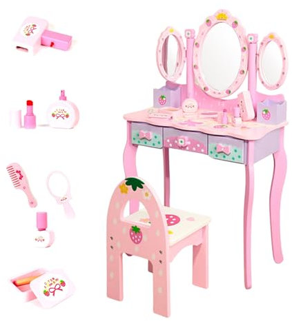 Kinder-Schminktisch aus Holz mit Hocker und Schubladen. Schminktisch Set und Stuhl für Mädchen mit Zubehör und Klappspiegel ab 3 Jahren