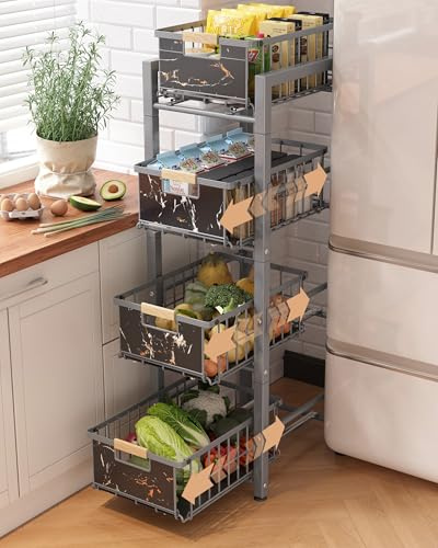 Ornestia Vegetable Storage Rack for kitchen, 4-Tier Kitchen Storage Trolley on Wheels, Rolling Cart, Pull-Out Fruit Ve Basket Organizer for Kitchen, Bathroom, Living Room（Grey）