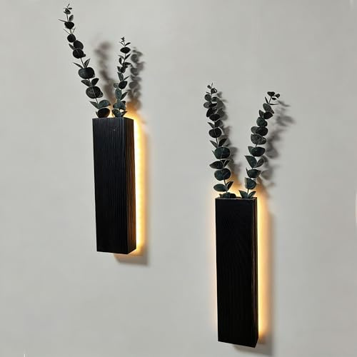 2 Pack Artificial Eucalyptus with LED Lights Wall Planters Rustic Wall Decor with Lights Wall Sconces for Room Decor Home Bedroom Living Room Hanging Vase for Dried Flowers Faux Plants (Black)
