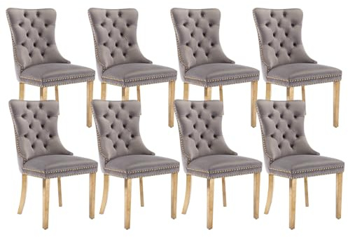 Shenyon Graue Samt-Esszimmerstühle 8er Set, Goldfarbene Edelstahlbeine | Mid Century Modern Stil; Rückenlehne mit Knopfheftung; Ziernägel; dekorativer Ringgriff; bequeme Polsterung; einfache Montage