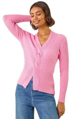 Roman Originals Cable Split Detail Rib Jumper for Women UK - Ladies Everyday Autumn Winter V-Neckline Comfy Soft Evening Vacation Work Party Night Out - Pink - Size 14