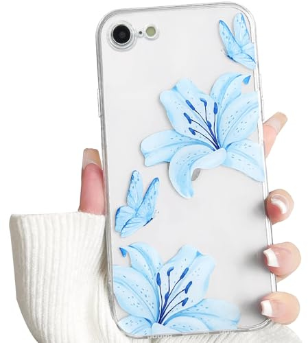 NITITOP for iPhone 7/8 / SE Case Clear Cute Flower Lily, Blue | for Women Girls, Aesthetic Floral Butterfly Design, Transparent Soft TPU Shockproof Cover, Full Camera Protection