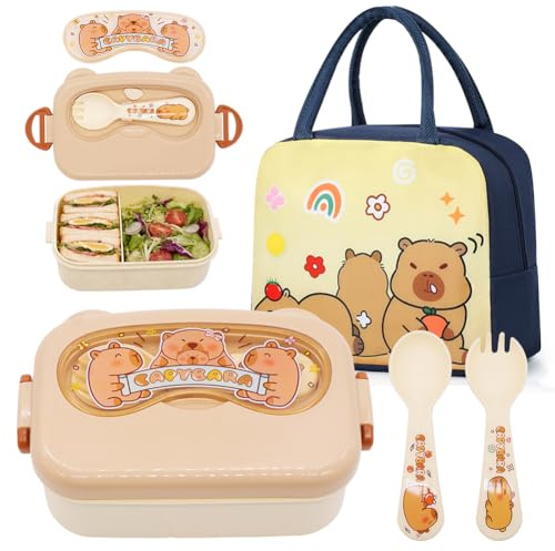 FCXVXCL Capybara Loncheras y Paquetes de Almuerzo 2 Piezas Juego Lonchera Dibujos Animados con Cubiertos Bolsas de Almuerzo Aisladas Diseño Impermeable para Viajes Picnic