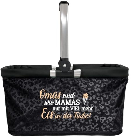 AMBERGER DESIGN Einkaufskorb faltbar Omas sind wie Mamas nur mit viel mehr Eis in der Fruhe | Geschenk Muttertag Oma Mama | Korb mit Innentasche & 180° Griff | Einkaufskorb mit Motiv |
