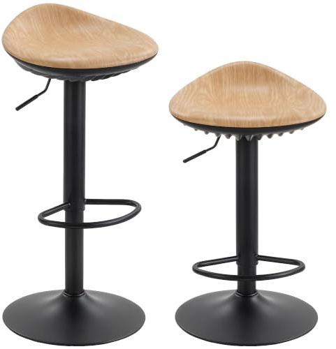 HOMCOM Bar Stools Set of 2 Adjustable Swivel PU Saddle Seats Footrest Oak | Wood Effect, Kitchen Island Stools, Steel Frame, Modern Bar Chairs, Dining Area