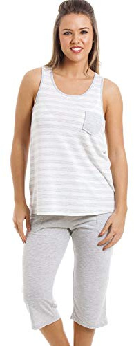 Camille Womens Lightweight Striped Cropped Pyjama Set 10-12 GREY