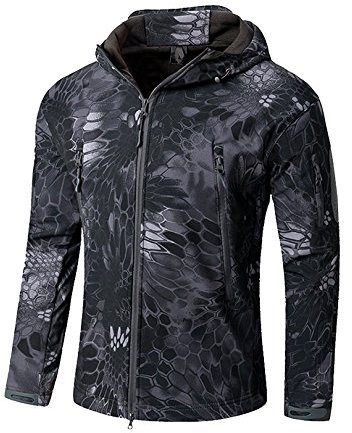 YFNT Herren Taktisch Softshell Fleecejacke Camouflage Outdoor Warm Winddicht Wasserdicht Mantel Jacken Skijacke, Schwarz Pythonmuster, XXL