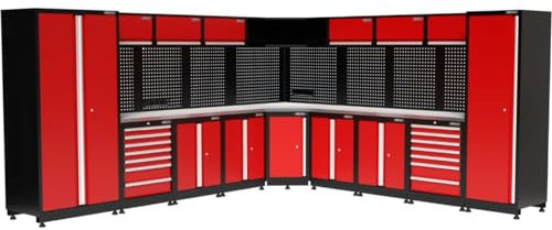 Kraftmeister Werkstatteinrichtung - Männerküche mit 14 Schubladen und 14 Schränken - Werkzeugschrank, Garage - modulares Werkbank mit Edelstahl Arbeitsplatte und Werkzeugwand - Rot