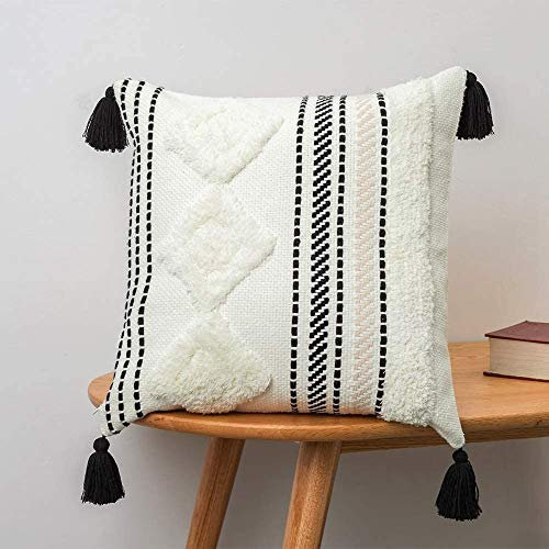 1 Stück Boho Kissenbezug 45x45cm, Makramee Kissenbezüge Kissenhülle Dekokissen mit Quasten, Dekorative Kissen Boho Style Sofakissen für Sofa Schlafzimmer Wohnzimmer Schwarz Beige