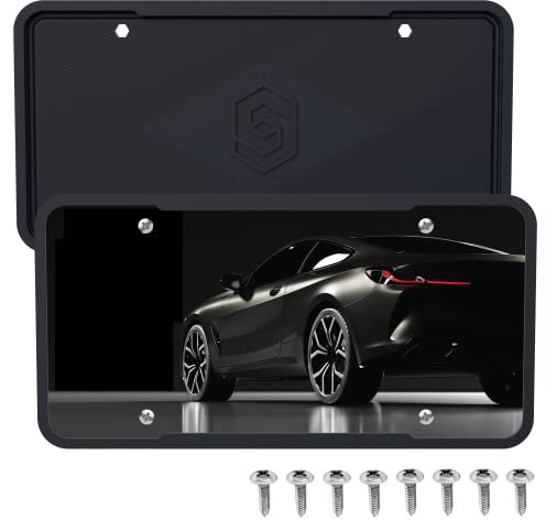 Silicone Black License Plate Frame Covers 2 Pack- Front and Back Car Plate Bracket Holders. Rust-Proof, Rattle-Proof, Weather-Proof (Black)