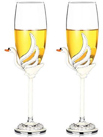 Copa de vino con incrustaciones de perlas de 368,5 ml, copas de champán tostadas, copa de vino tinto, copa de vino blanco, regalo de novio con caja de regalo (copa de vino de cisne)