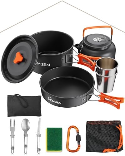 HOMGEN Camping Kochgeschirr Sets Campinggeschirr Set für 2-3 Personen Outdoor Camping Geschirr Set Aluminium mit Töpfe und Pfannen für BBQ Picknick Wandern