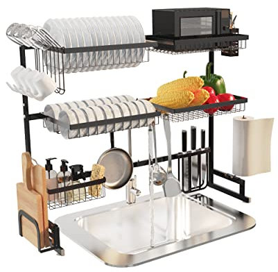 SUPFIRM Escurridor de Platos sobre el Fregadero, 3 Niveles de Acero Inoxidable Ajustable (33''-40'') escurridores de Platos Grandes para Almacenamiento en mostrador (Negro)