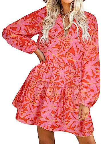FANCYINN Robe Droite à Manches Cloche à Volants pour Femmes Babydoll Mini Robe décontractée en Lin avec Poches à Manches Longues Floral Rose XL