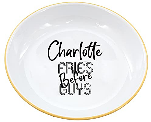 aztex Personalised Enamel Fries Before Guys Bowl, White Base, Yellow Trim