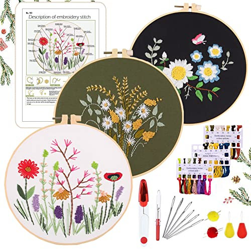 YINVA Anfänger Stickerei Set Stickerei Set, Blumenmuster Pflanzen Kreuzstich-Kit Starter Tools Kit mit 3 Stück Kunststoff-Stickrahmen, für DIY Kunst, Handwerk