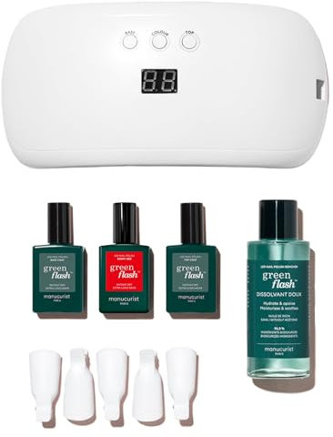 MANUCURIST • Green Flash Slim LED Gel Nail Polish Kit • 24W LED Nail Lamp • Vegan • Base Coat + Top Coat + Poppy Red Polish + Gel Polish Remover + Nail Clips