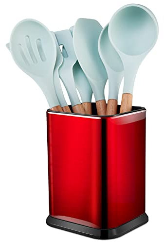 RedCall Stainless Steel Kitchen Utensil Holder for Countertop - Large Cooking Utensil Organizer - Spoon Spatula Holder - Modern Rectangular Utensil Caddy - Red