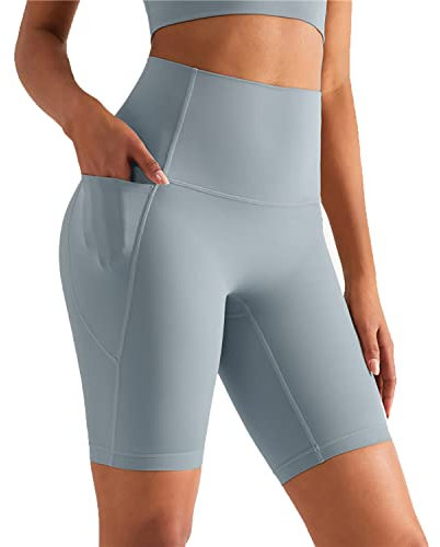 XDSP Damen Kurze Leggings Sporthose Nahtlos Yoga Fitness High Waist Shorts Mit Handytasche Nashorngrau, L