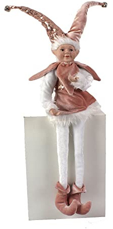 Generico Peluche GIULLARE Elfo Gnomo di Natale 80 cm Abito Rosa Paillettes Pupazzo Circus Seduto con Gambe Lunghe MODELLABILI Calze A Righe Addobbo per Albero di Natale Appendino fuoriporta Burattino