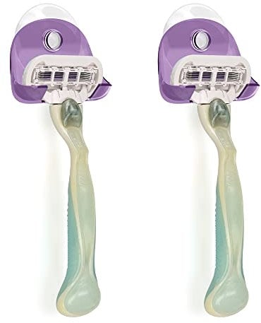 kwmobile 2X Razor Holder with Suction Cup - Self-Adhesive Shaver Wall Mount - Bathroom Organizer for Glass and Tiles - Lavender/Transparent