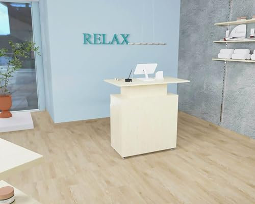 Aigentlich Rollbare Verkaufstheke Messetheke aus Holz | Empfangstheke Ladentheke mit 7 Fächer + Schranktür B108xT60xH111,5cm | Rednerpult Infotheke aus eigener Fertigung (Ahorn)