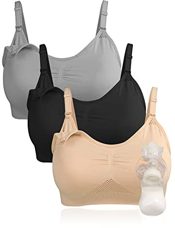 4HOW Pumping Bra Hands Free Maternity Bra for Breastfeeding Pump and Nurse Bra in One Comfort Smooth,Great Support, Black+grey+beige, S