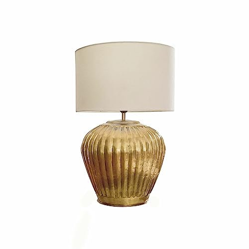LOBERON Tischlampe Fauville – polierter Metallfuß, aus reiner Baumwolle, gold/creme, handgemachte gehämmerte Optik – Messing, gold/creme