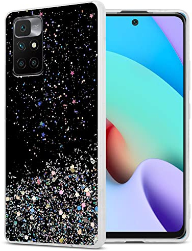 Cadorabo Hülle kompatibel mit Xiaomi RedMi 10 4G Rundumschutz TPU Silikon Case Mädchen Glitzer Strass Design Slim Kratzfest Weiche Gummi Bling Schutzhülle für Xiaomi RedMi 10 4G in Schwarz