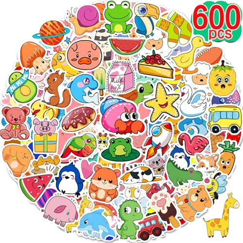 Apakkai 600 Pcs Cute Stickers for Kids, Water Bottle Stickers for Teens, Kawaii Vinyl Phone Laptop Skateboard Animal Waterproof Sticker, Bulk Aesthetic Sticker Packs for Boys Girls Teacher