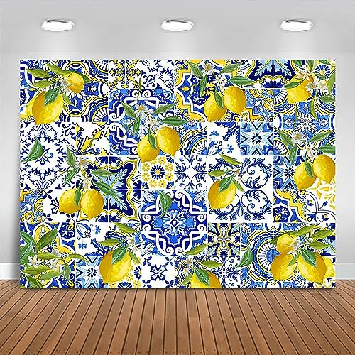 Fitumiw Blue Tiles Lemon Backdrop Summer Fruit Baby Shower Birthday Background Party Decorations Lemon Wall Paper Dessert Table Banner Photo Booth Props (7x5ft)